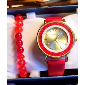NEW STRADA Women Red Bezel Quartz Watch & Matching Bracelet Set Japan Red Strap